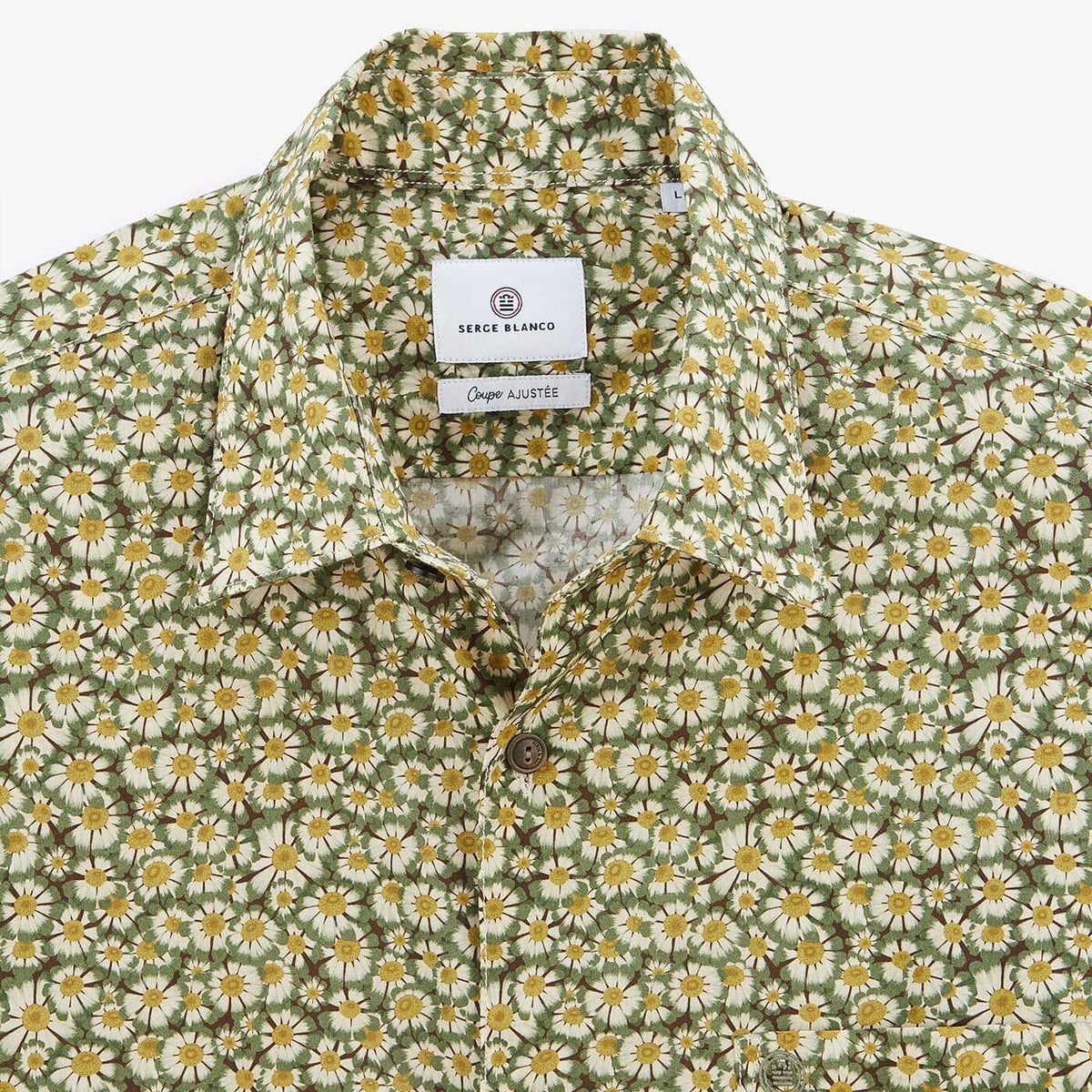 Camicia a maniche lunghe in cotone verde oliva con motivo a margherite