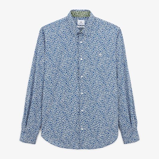 Camicia blu oceano con stampa floreale e maniche lunghe in cotone
