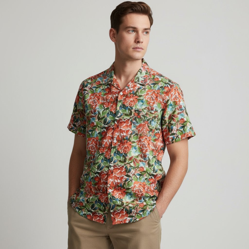 Camicia in cotone a maniche corte con stampa floreale verde menta da uomo SERGE BLANCO