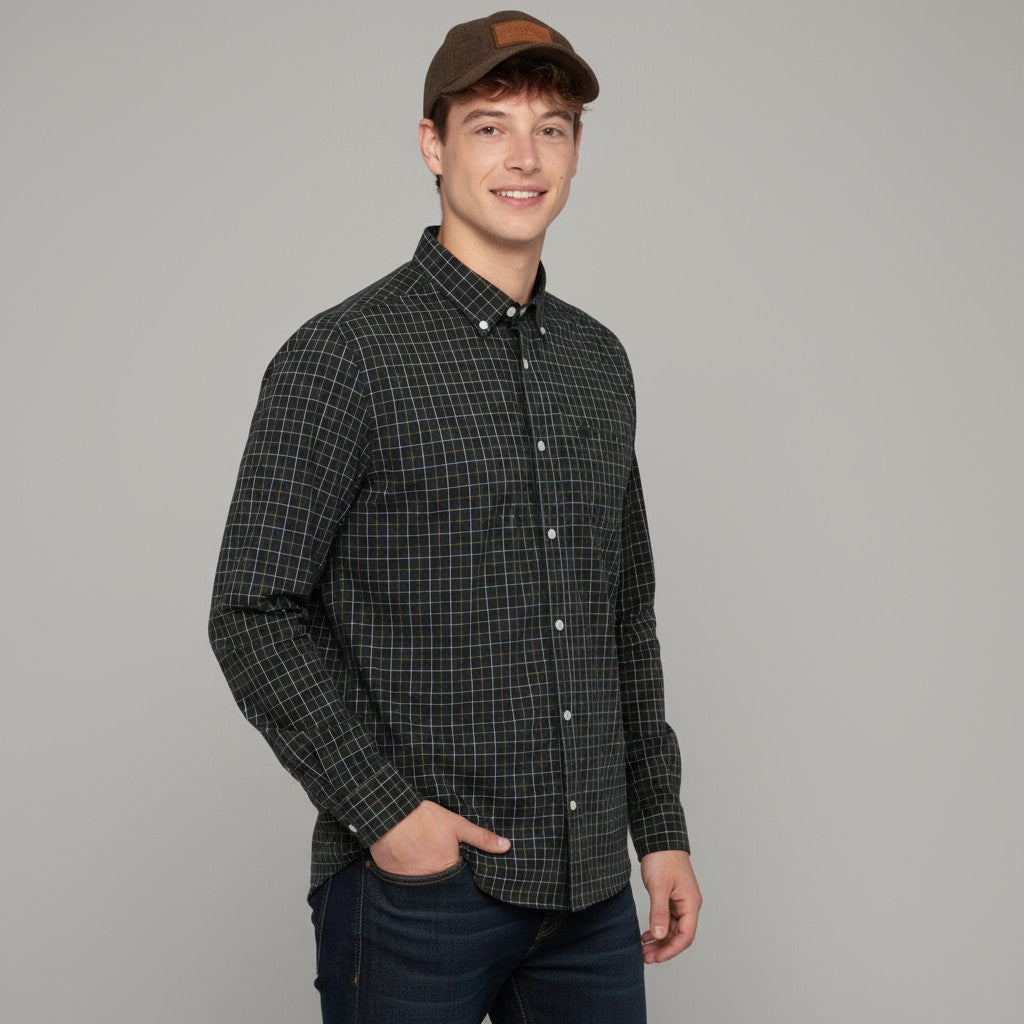 Camicia blu scuro a maniche lunghe in tessuto a quadri