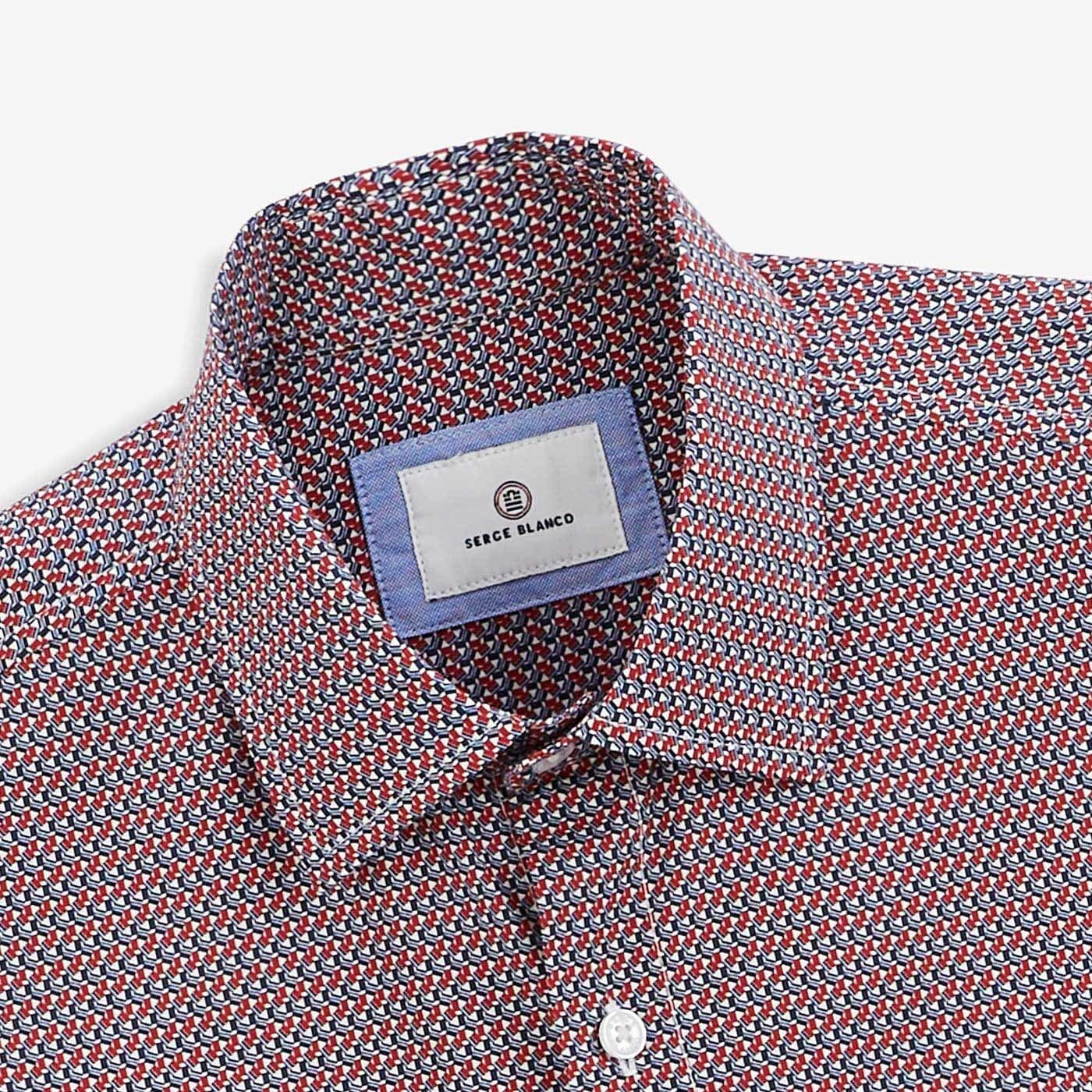 Camicia da uomo in cotone con stampa geometrica rossa, serge blanco