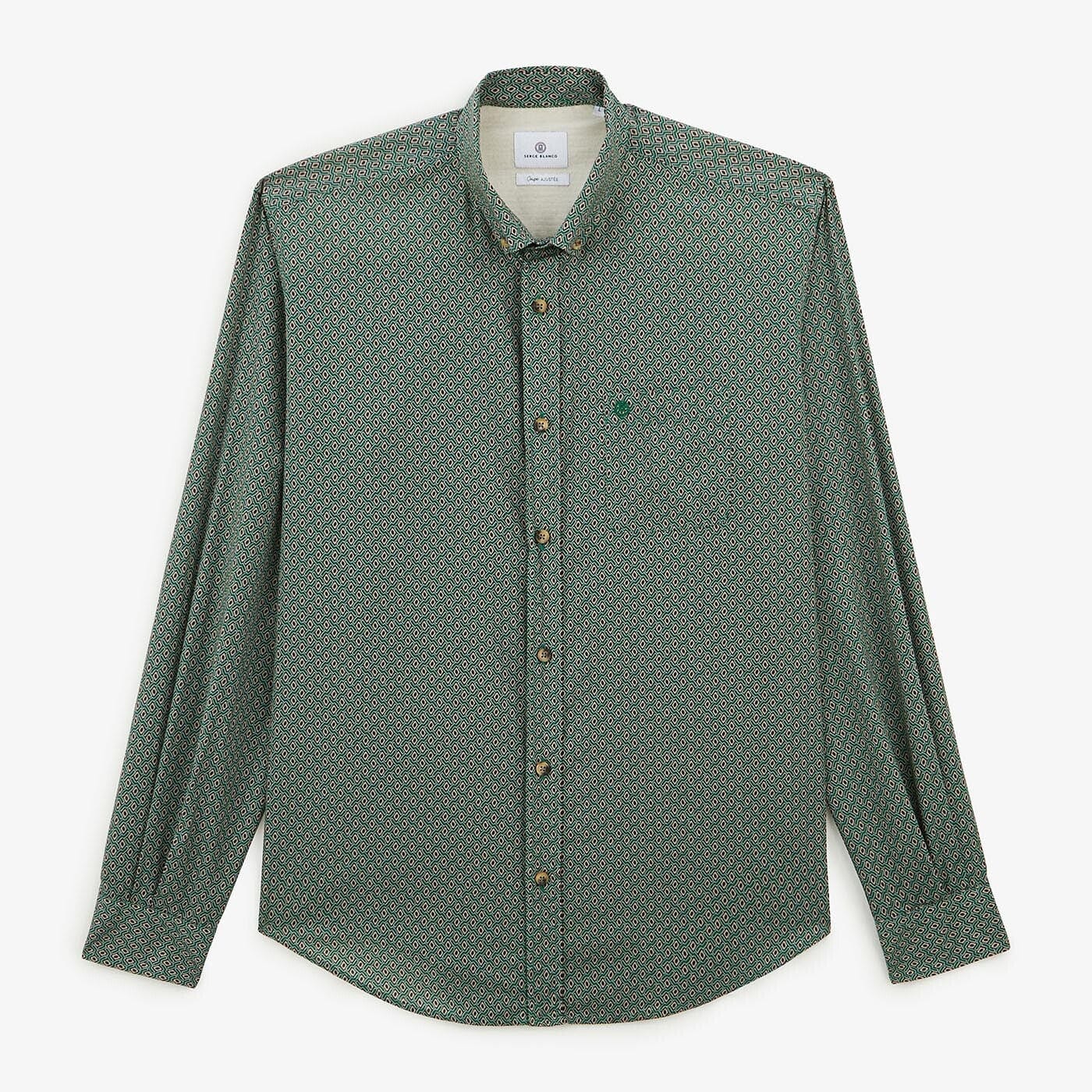 Camicia verde oliva a maniche lunghe con stampa geometrica