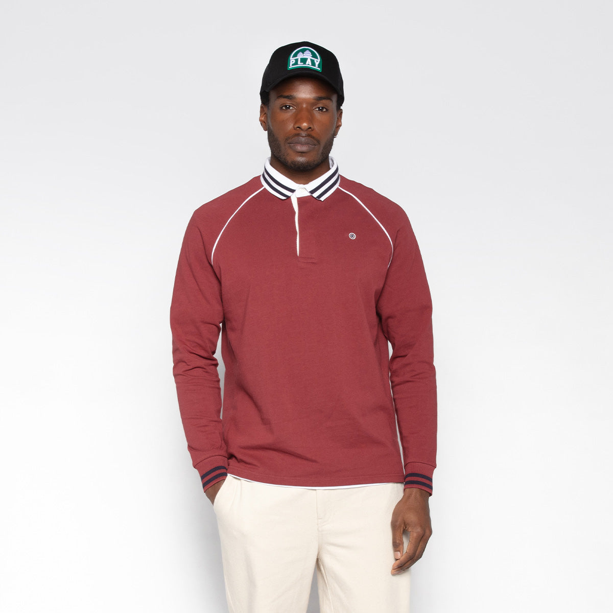 Maglia da rugby a maniche lunghe con collo bordato rosso merlot da uomo SERGE BLANCO