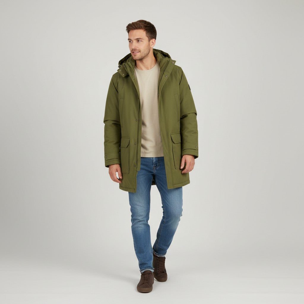 Parka invernale John verde kaki da uomo in serge blanco