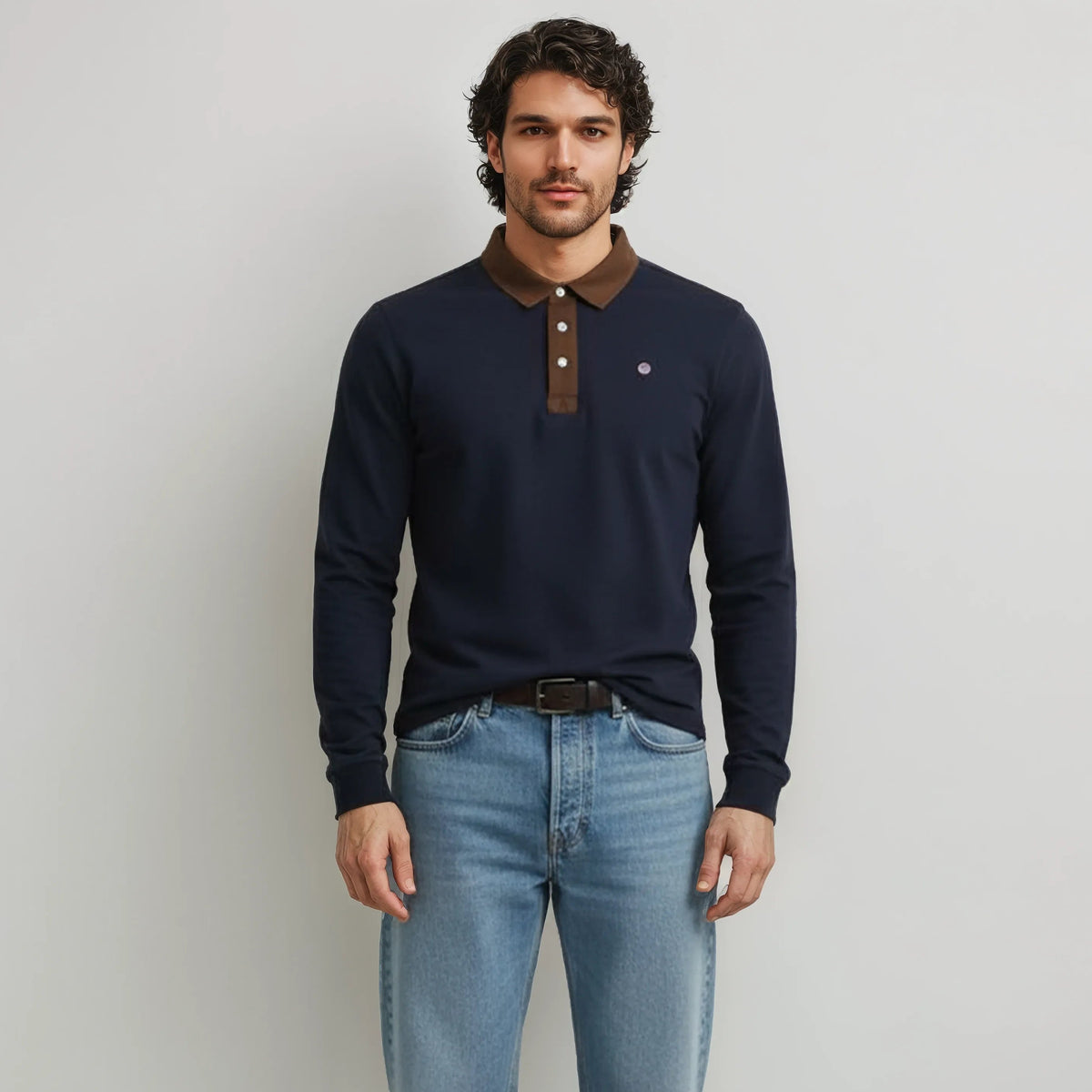 Polo a maniche lunghe in jersey di cotone blu navy da uomo serge blanco