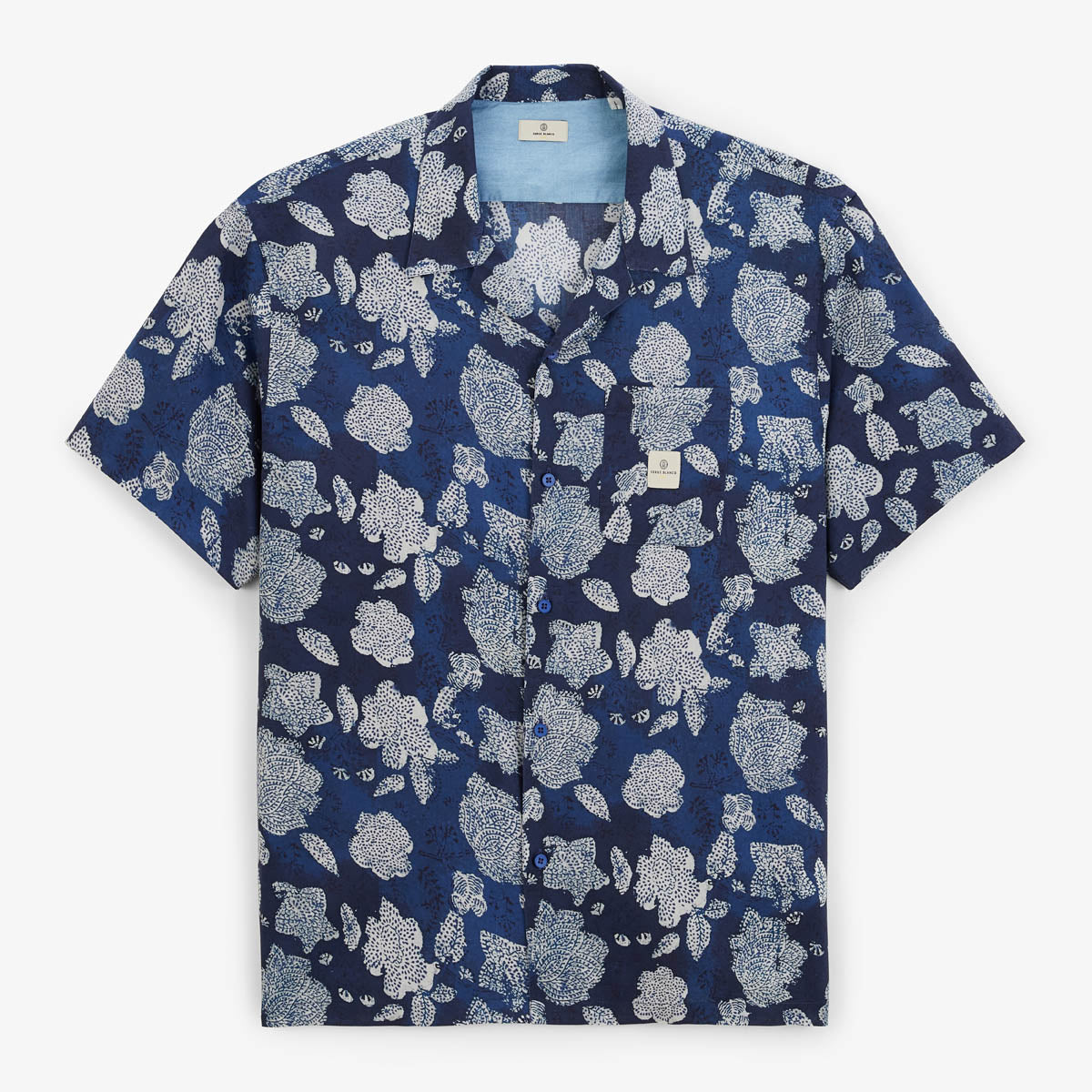 Camicia a maniche corte con stampa floreale in cotone blu opale da uomo SERGE BLANCO