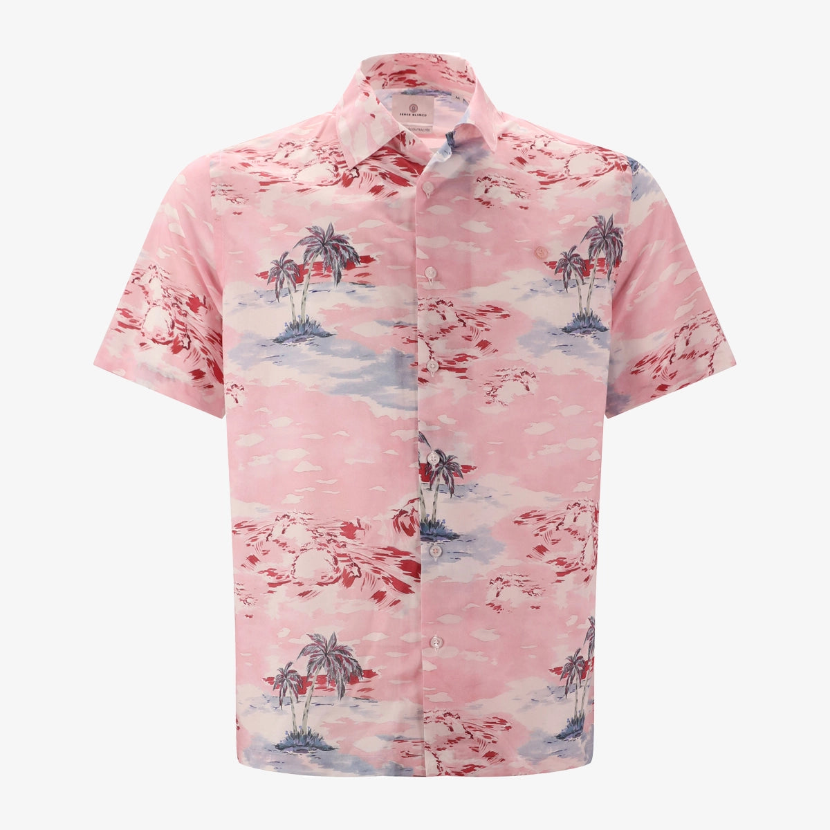 Roze shirt met korte mouwen en palmboomprint, van katoen, voor heren, serge blanco