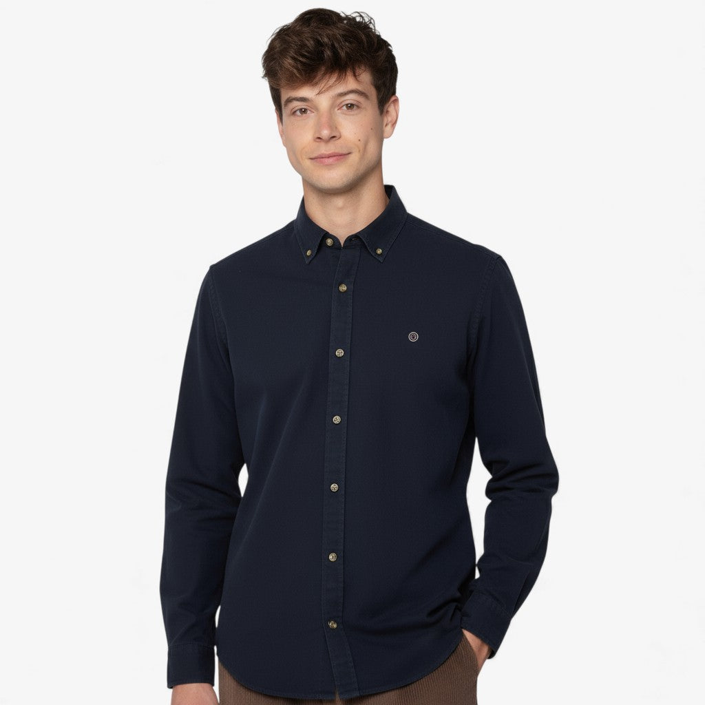 Overhemd met lange mouwen van effen donkerblauw katoen twill voor heren, serge blanco look