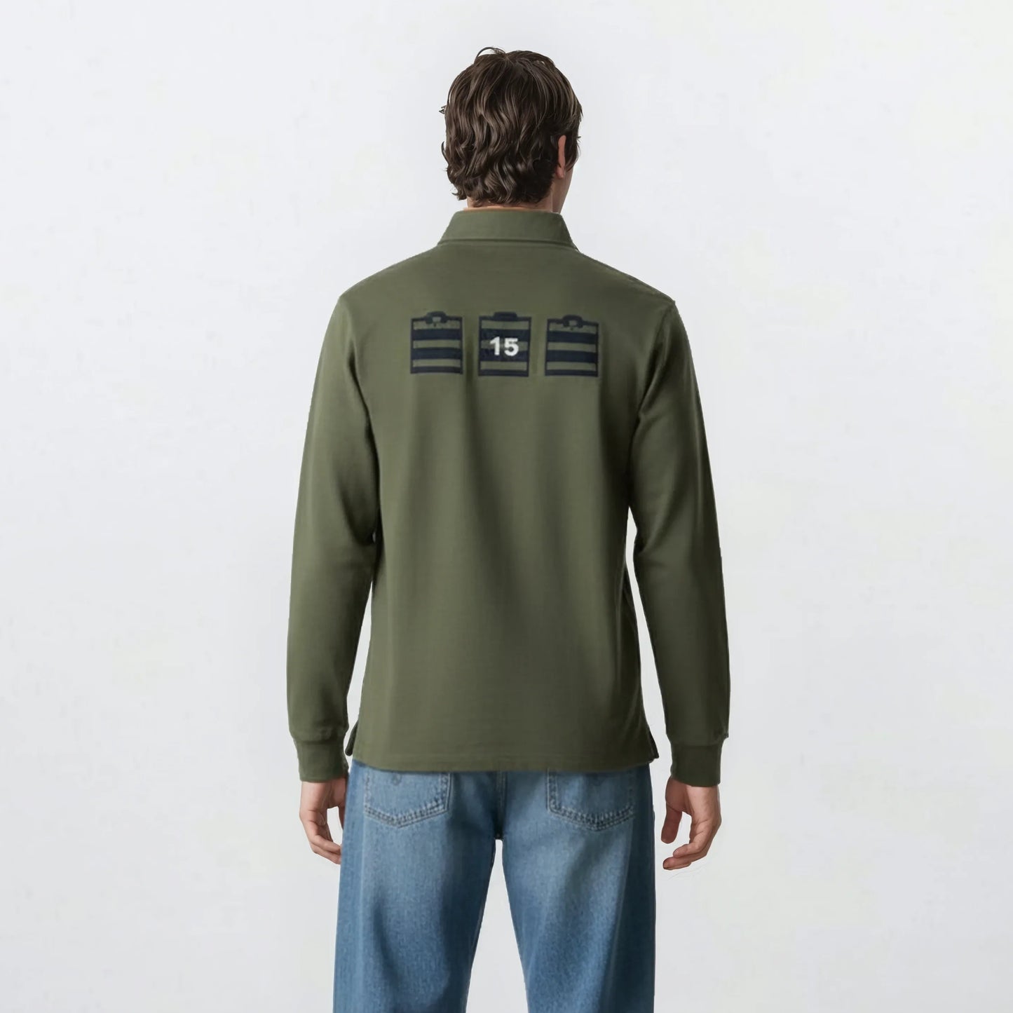 Olijfgroen geborduurd rugby shirt met lange mouwen voor heren SERGE BLANCO