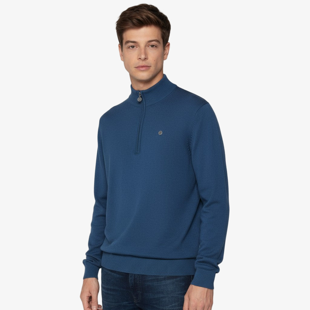 Trui met hoge kraag en ritssluiting, blauw Malo, witte serge 