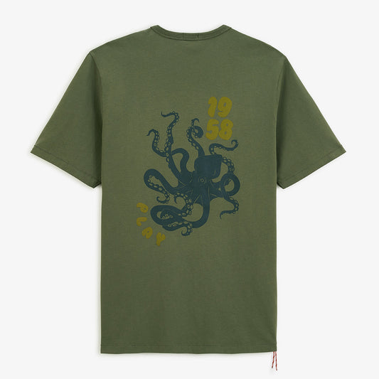 T-shirt met ronde hals in legergroen katoen met octopusprint op de achterkant