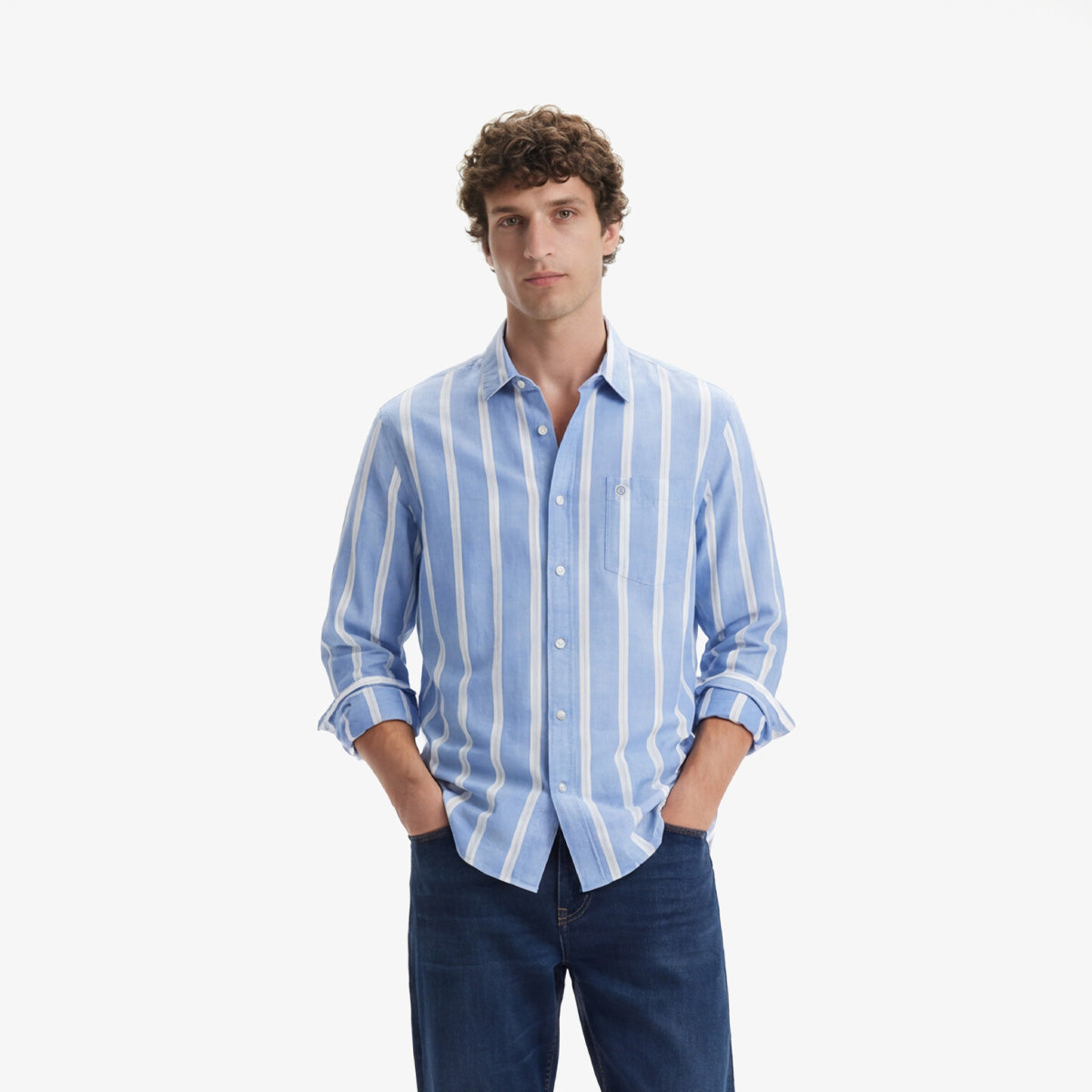 Gestreepte katoenen overhemd met lange mouwen in blauw